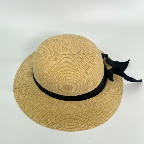 Furtalk Wide Ribbon Straw Beach Sun Hat tan khaki beige with black size medium - Picture 7 of 11